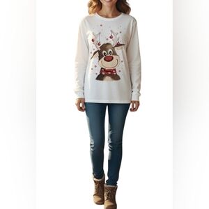 Rudolph The Reindeer Festive Christmas Holiday White Lightweight Sweatshirt L